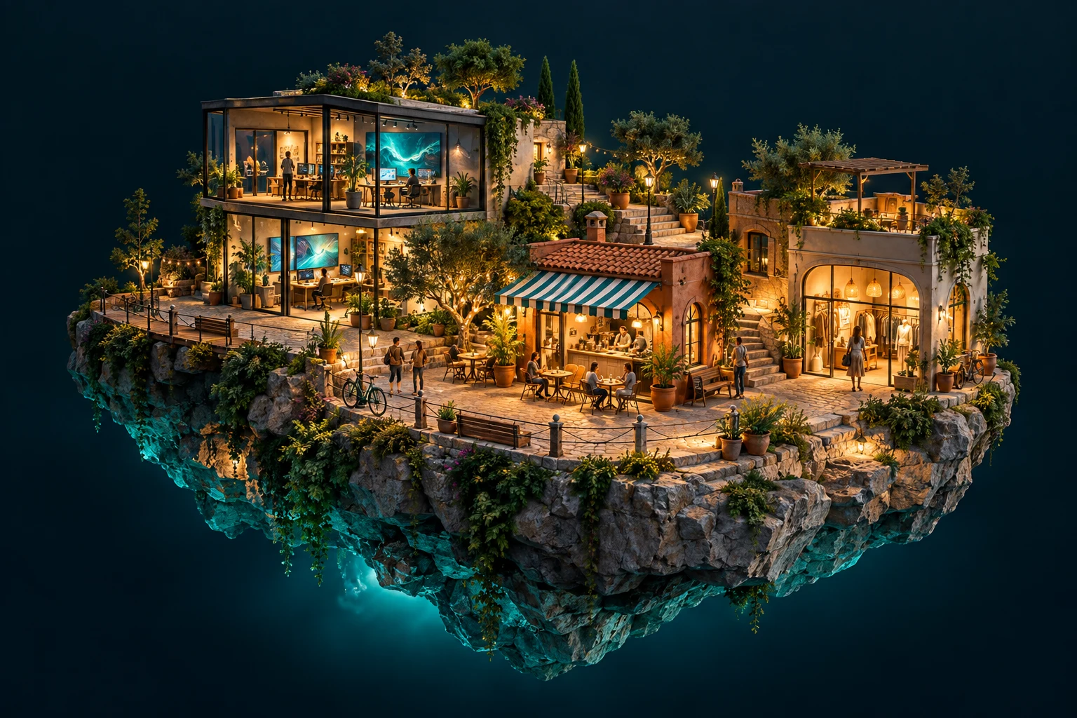 An original miniature neighborhood of studios and shops, illuminated by warm evening lights